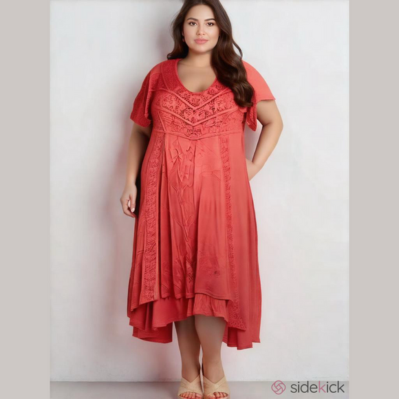 Roaman's Peach Feminine Lace Women's Bohemian V-Neck Tunic/Dress  Plus Size 3X - Picture 1 of 11